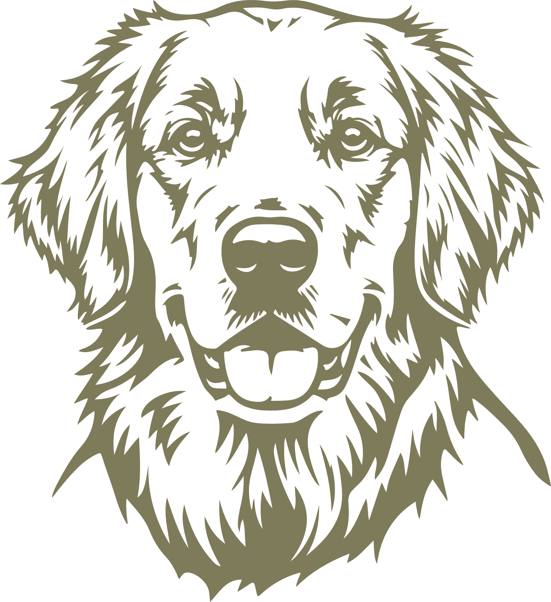 Een kop van een hond die je recht aankijkt. Het logo van de hondenuitlaatservice. Goudkleurig. Een kop van een hond die je recht aankijkt. Het logo van de hondenuitlaatservice. Goudkleurig.